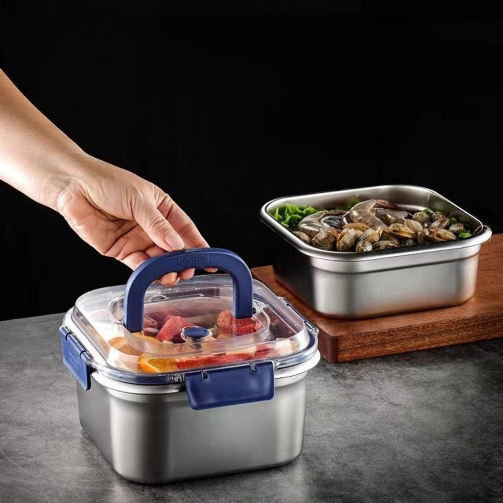 4-Piece Stainless Steel Food Storage Containers with Blue Handles, Leak-Proof and Airtight, Reusable Lunch Containers, Dishwasher Oven Freezer Microwave Safe, Perfect for Kitchen