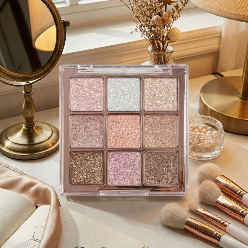 9-Color Shimmery Glitter Eyeshadow Palette, Smooth Highly Blendable Pigmented Eye Powder, All Day Long Lasting Sparkly Eye Makeup, Multi Tone Cosmetic for Daily Dating Wedding & Party Festival Glam Looks