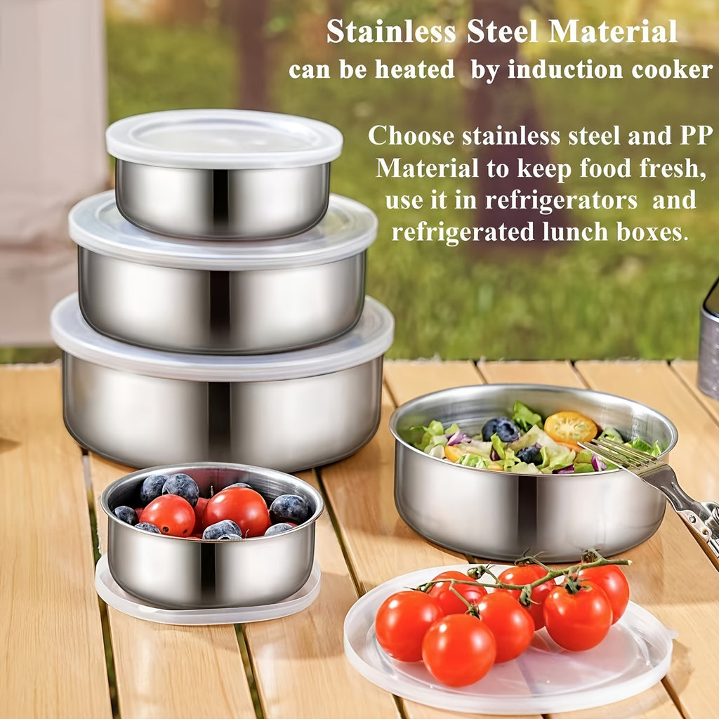 5-Piece Reusable Stainless Steel Outdoor Containers – Circular Airtight Lids, Perfect for Storing Fruits, Vegetables & Snacks, Ideal Companion for Picnic Parties & Outdoor Adventures