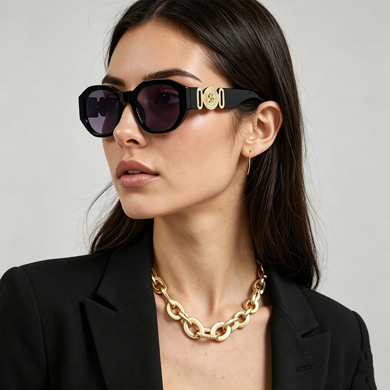 1 Pair Cool Shiny Gold Decor Black Frame Sunglasses for Women, Trendy Fashion Eyewear Accessories, Ideal for Street Photography, Photo Trips and Seaside Vacation Outfits