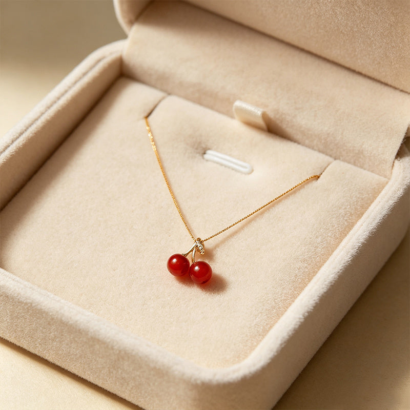 Gold Plated Double Cherry Pendant Necklace, Delicate Red Cherry & Leaf Design, Adjustable Comfort Lightweight Chain, Durable Elegant Fashion Jewelry Suitable for Daily Outfits and Presents
