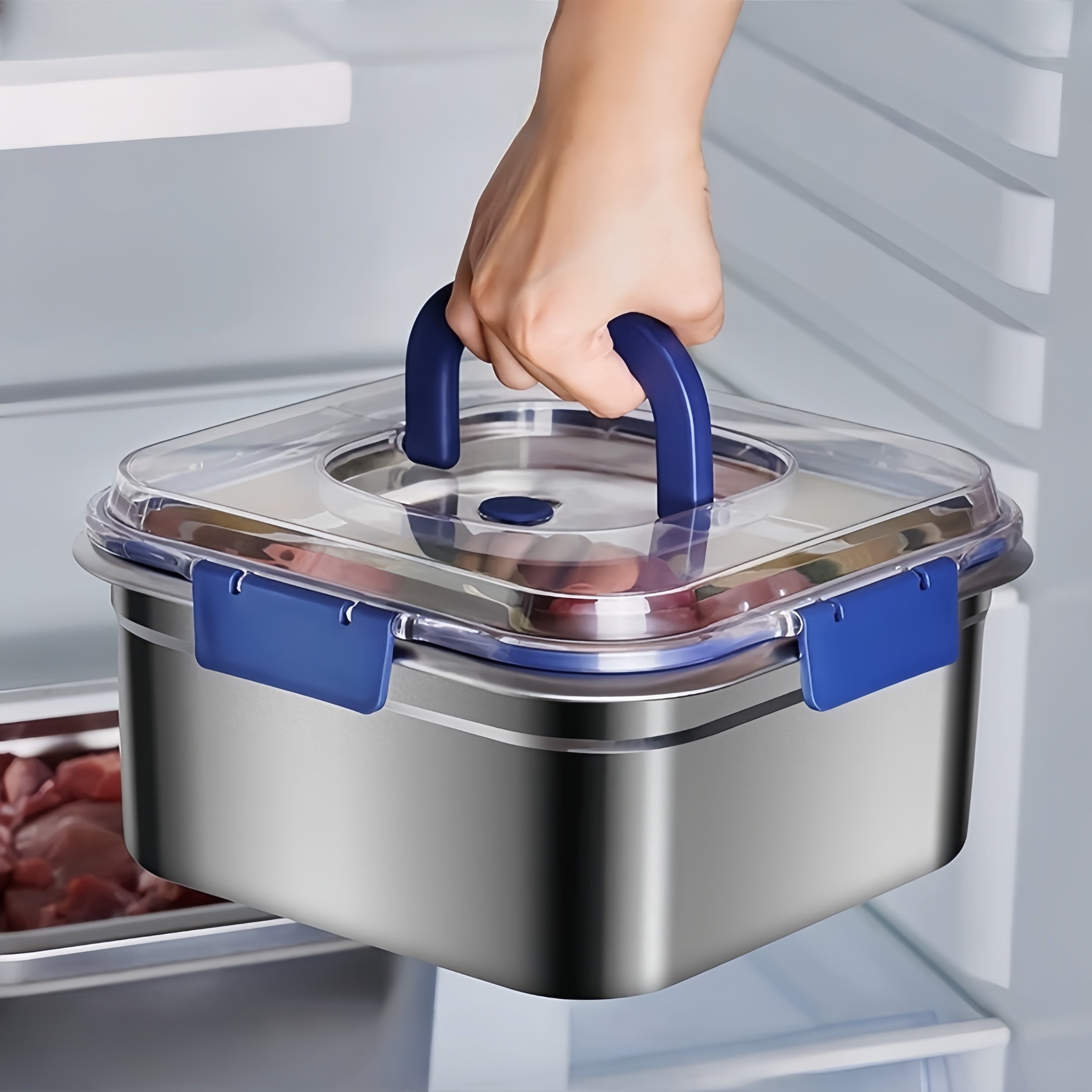 4-Piece Stainless Steel Food Storage Containers with Blue Handles, Leak-Proof and Airtight, Reusable Lunch Containers, Dishwasher Oven Freezer Microwave Safe, Perfect for Kitchen