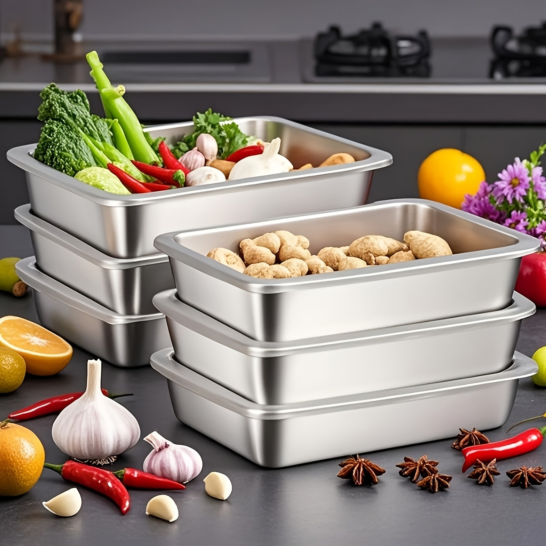 Buy 3 Get 2 Free: 5 Premium Reusable Stainless Steel Food Storage Boxes – Free Lids Included, Stackable Easy-to-Clean Containers Ideal for Picnicking, Meal Prep & Fridge Organization