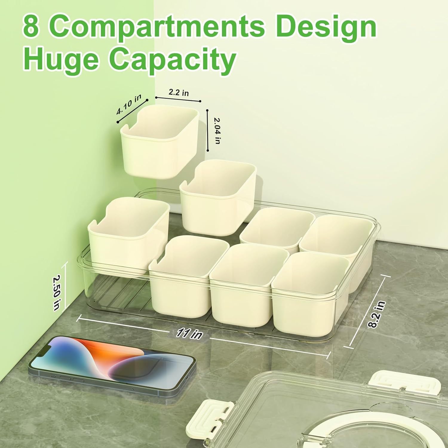8-Compartment Transparent Food Storage Container, Airtight Sealable Fridge Organizer Lunch Box, Multipurpose Storage Bin for Kitchen Countertop and Pantry Organization