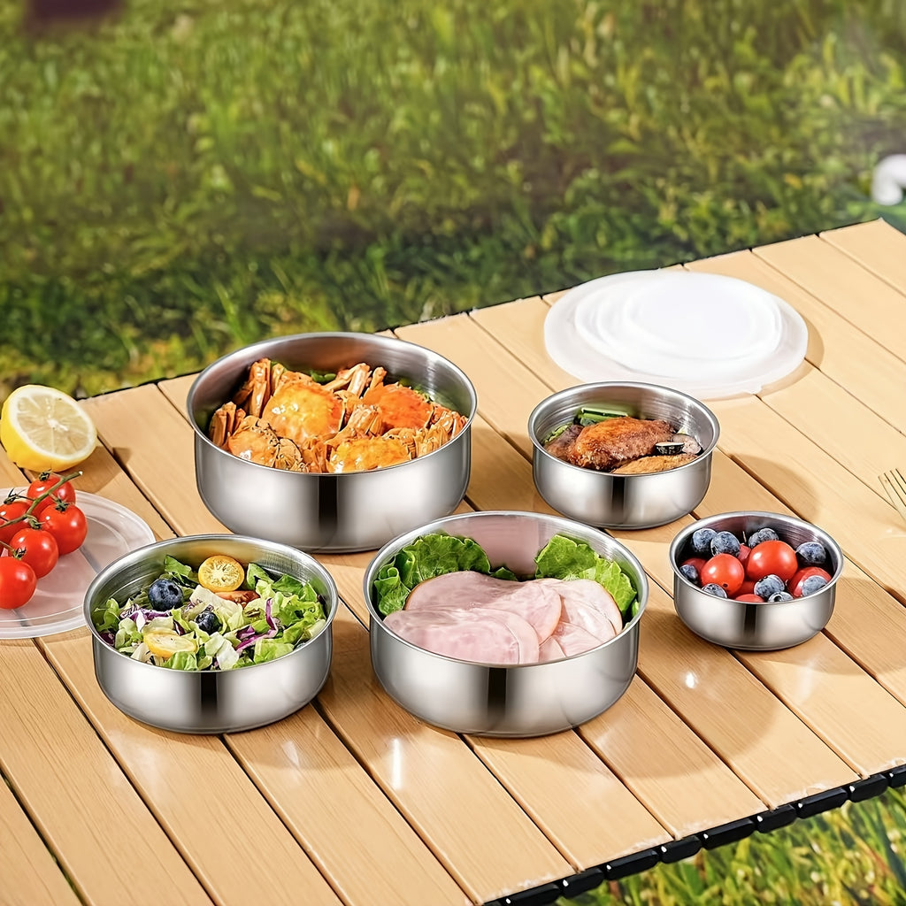 5-Piece Reusable Stainless Steel Outdoor Containers – Circular Airtight Lids, Perfect for Storing Fruits, Vegetables & Snacks, Ideal Companion for Picnic Parties & Outdoor Adventures