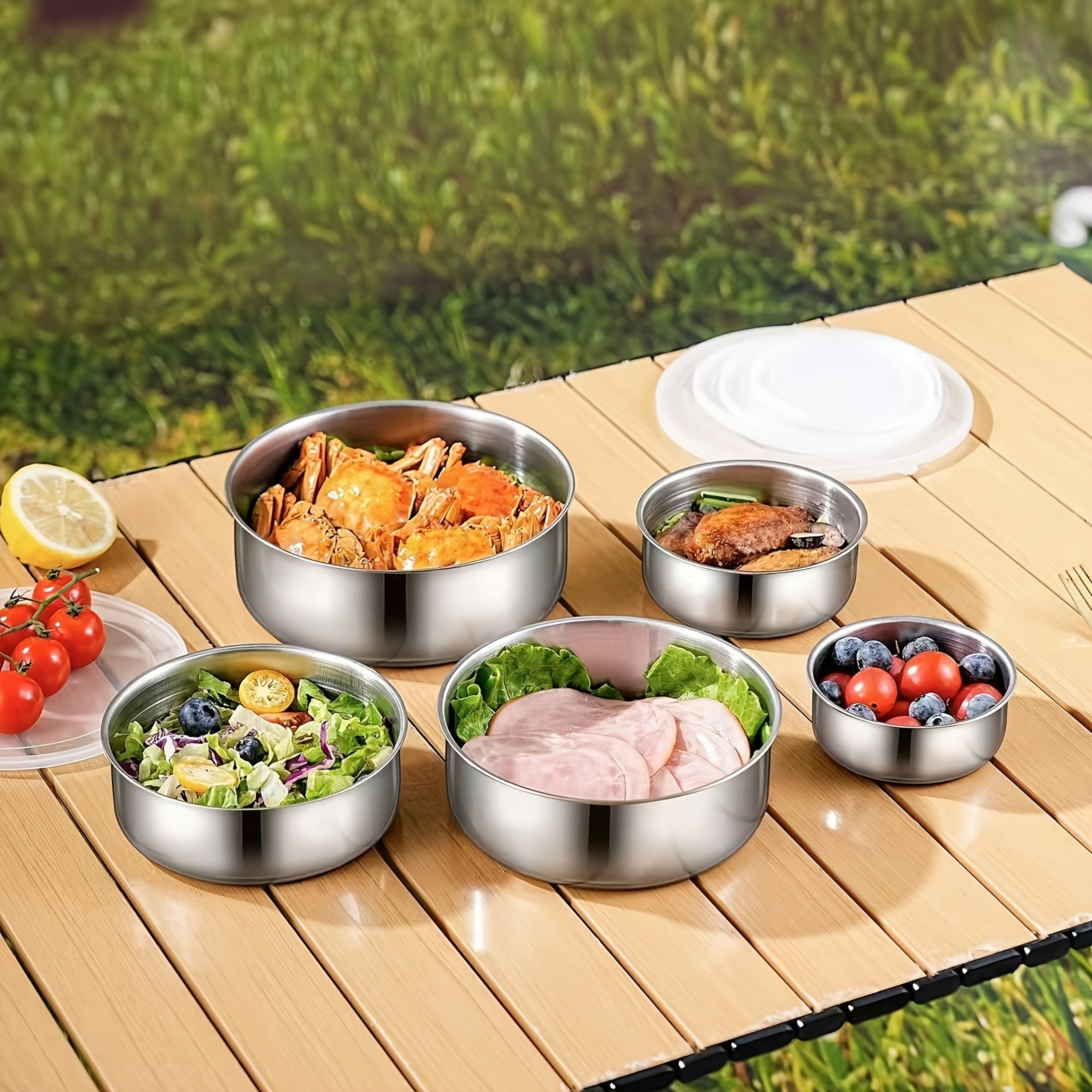 5-Piece Reusable Stainless Steel Outdoor Containers – Circular Airtight Lids, Perfect for Storing Fruits, Vegetables & Snacks, Ideal Companion for Picnic Parties & Outdoor Adventures