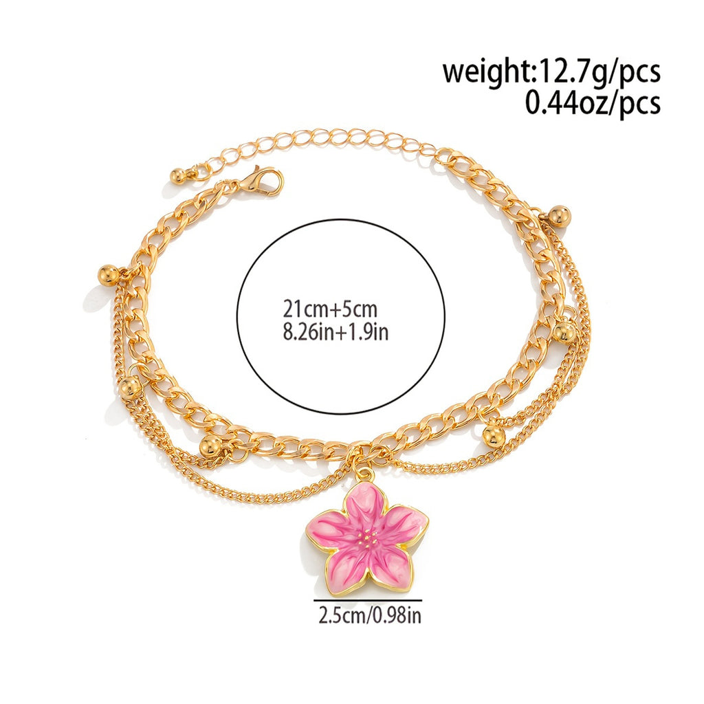 Women Minimalist Cherry Blossom Double Layer Ankle Bracelet, Adjustable Extension Chain Sweet Anklet Jewelry, Stylish Accessory for Daily Wear, Dating and Coastal Holiday Outfit Matching