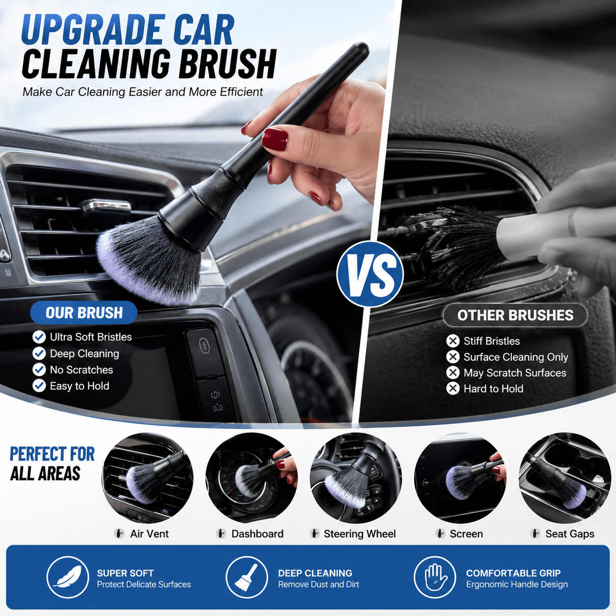 1pc Premium Black Car Interior Brush, Gentle Cleaning Tool for Dashboard, Air Vents and Hard-to-Reach Crevices