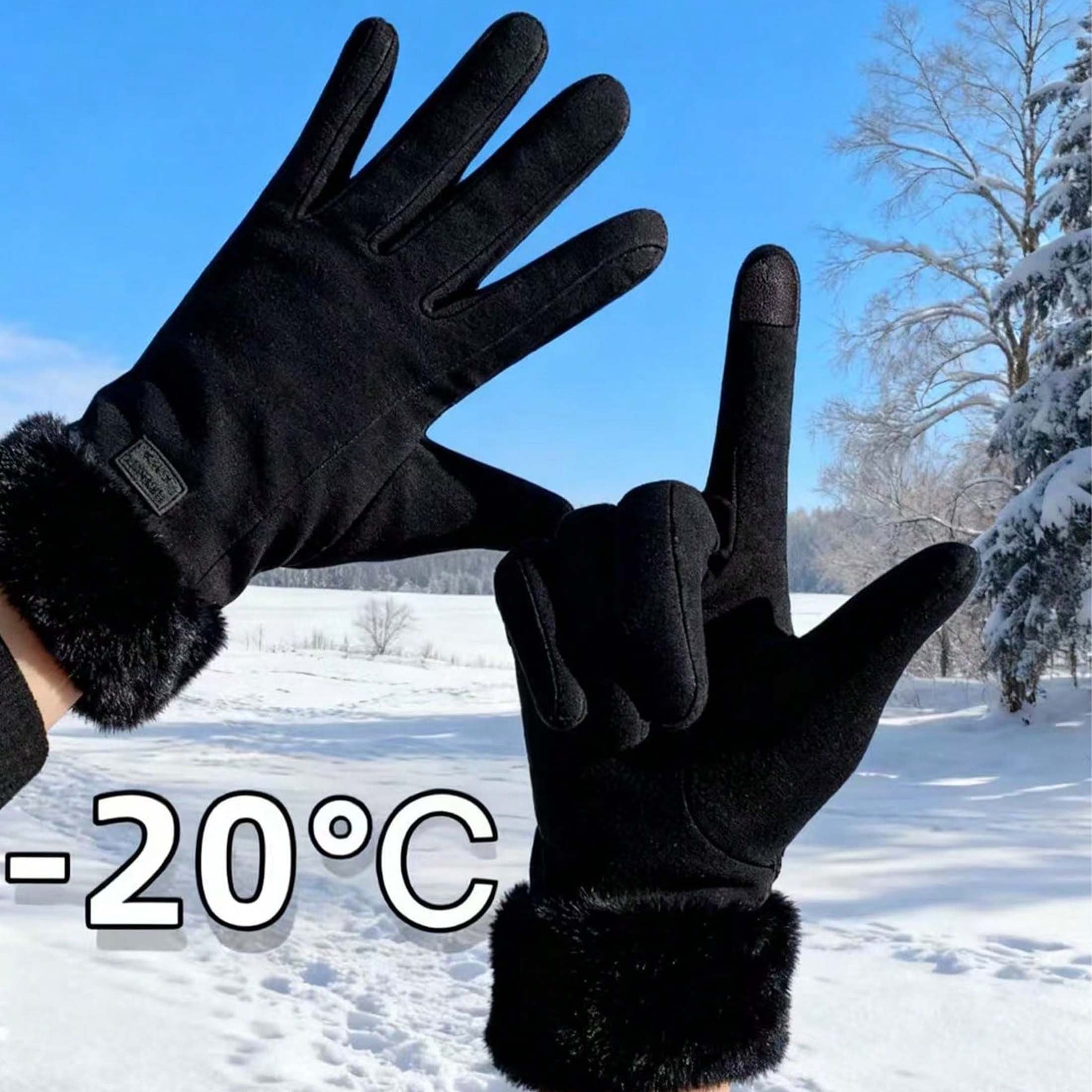 1 Pair Women’s Black Touchscreen Windproof Thermal Gloves – Fur-Cuffed Warm-Lined Design Perfect for Commuting, Hiking & Running Trips