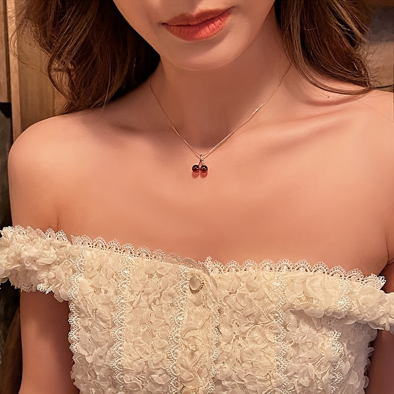 Gold Plated Double Cherry Pendant Necklace, Delicate Red Cherry & Leaf Design, Adjustable Comfort Lightweight Chain, Durable Elegant Fashion Jewelry Suitable for Daily Outfits and Presents