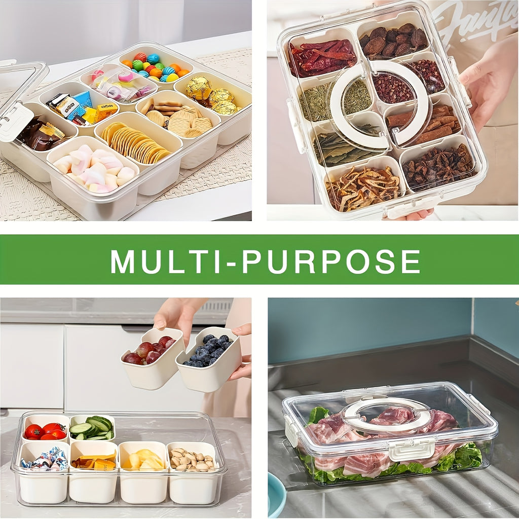 8-Compartment Transparent Food Storage Container, Airtight Sealable Fridge Organizer Lunch Box, Multipurpose Storage Bin for Kitchen Countertop and Pantry Organization