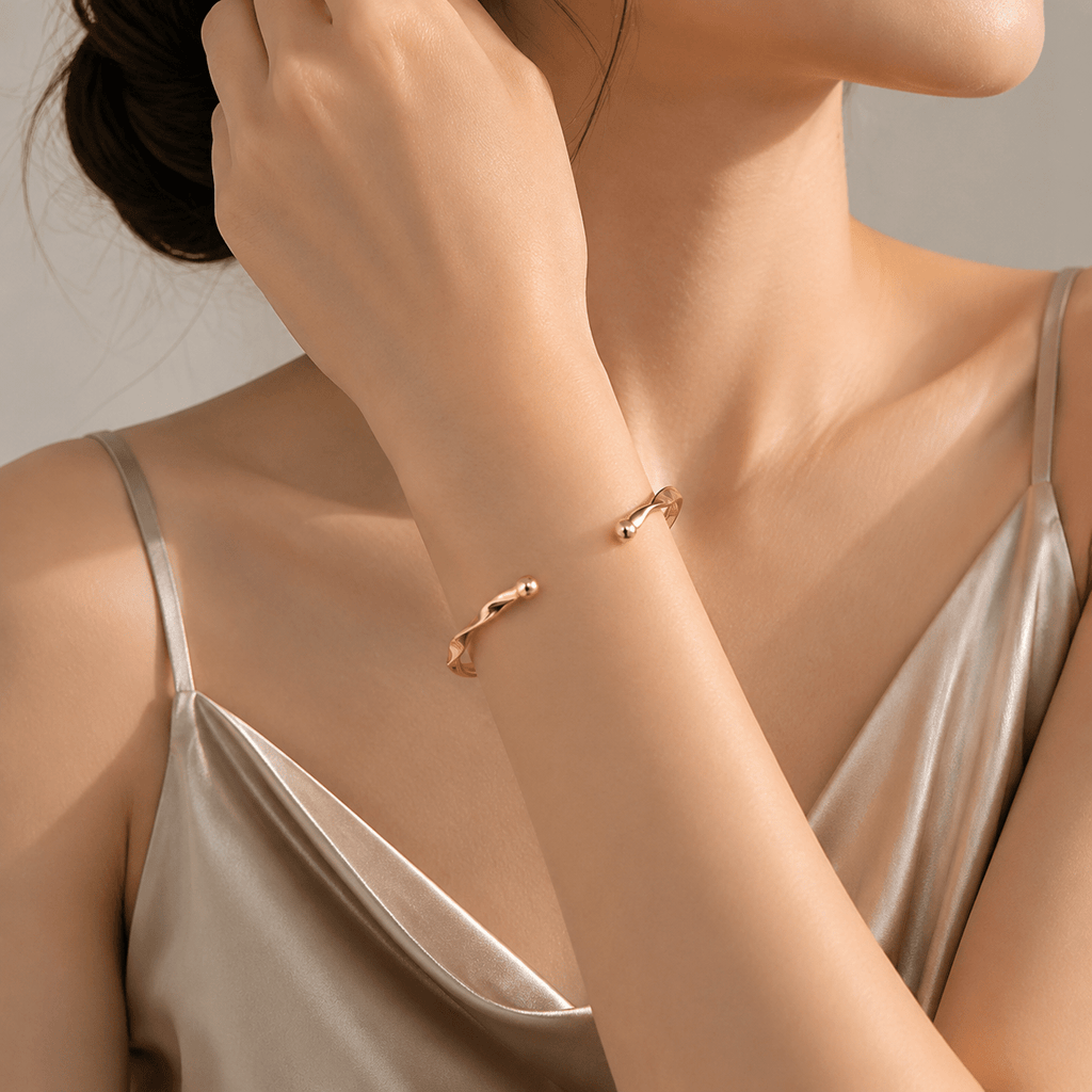 Gold-Plated Open Cuff Bangle with Interwoven Wave Pattern, Durable Stylish Women’s Bracelet, Premium Elegant Jewelry Gift for Girlfriend, Wife, Anniversary, Wedding and Family Occasions