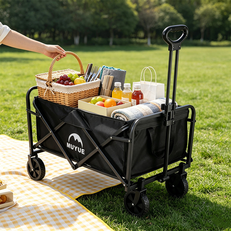 Folding Utility Wagon Beach Cart with All-Terrain Wheels, Collapsible Portable Outdoor Trolley, Multi-Purpose Gear Carrier for Gardening, Sports Events & Camping Trips