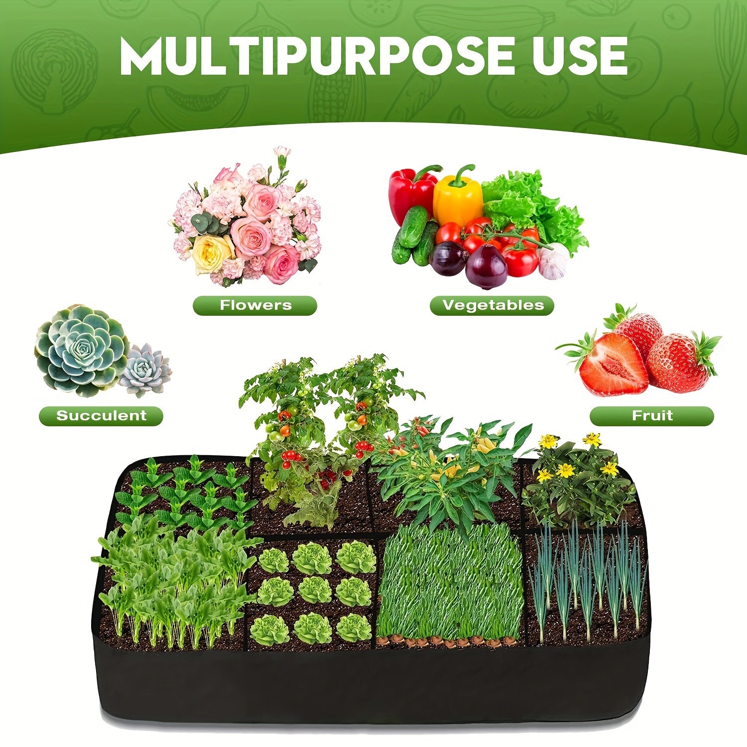 Thickened Breathable Woven Plant Grow Bags / Tool-Free Assembly Raised Garden Beds, specially designed for vegetables, flowers and herbs. Featuring water-permeable and air-permeable properties to boost healthy root growth, they are portable and folda
