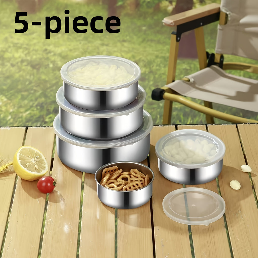 5-Piece Reusable Stainless Steel Outdoor Containers – Circular Airtight Lids, Perfect for Storing Fruits, Vegetables & Snacks, Ideal Companion for Picnic Parties & Outdoor Adventures