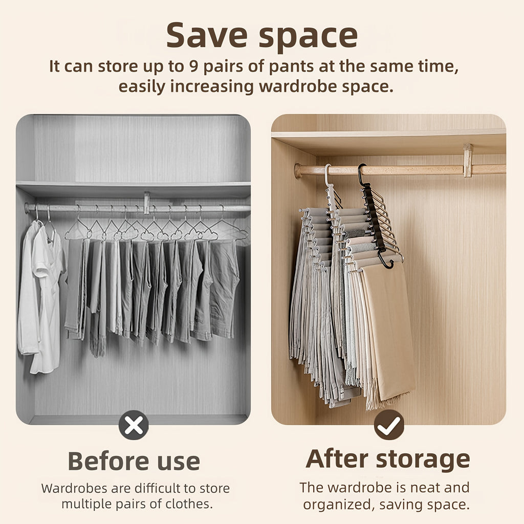 1 Piece Non-Slip 9-Tier Stainless Steel Pants Hanger, Space-Saving Closet Organizer for Trousers, Jeans and Leggings, Sturdy Accessory