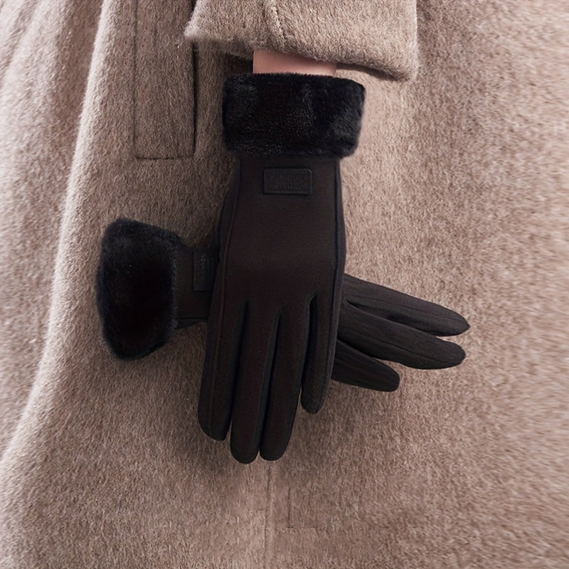 1 Pair Women’s Black Touchscreen Windproof Thermal Gloves – Fur-Cuffed Warm-Lined Design Perfect for Commuting, Hiking & Running Trips