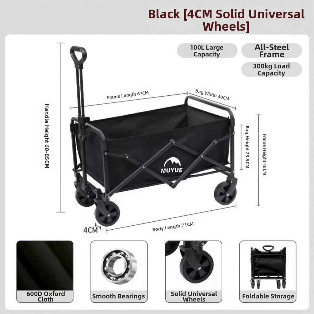 Heavy Duty Foldable Black Garden Utility Wagon Cart Holds Up to 680 LBS, Multi-Purpose Outdoor Trolley with All-Terrain Wheels & Side Storage Pockets, Ideal for Yard Work, Plant Hauling and Garden Supplies Transport