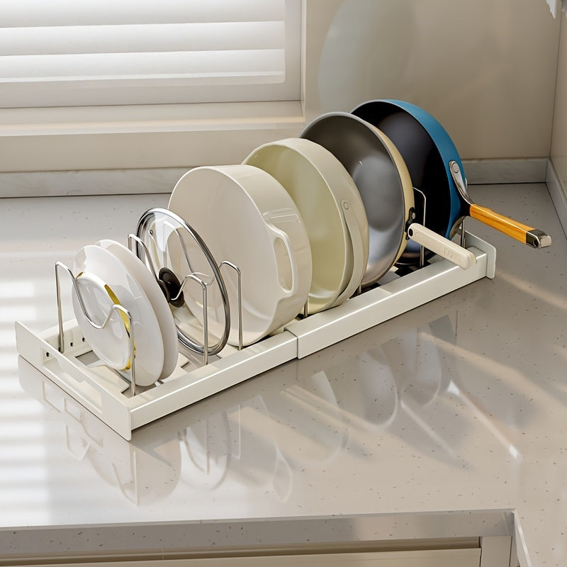 1pc Space-Saving Kitchen Organizer Rack, Metal Construction with 7 Adjustable Shelves, Expandable Lid Holder, Pull-Out Drawer, Utensil Rack & Drain Board for Pots & Pans