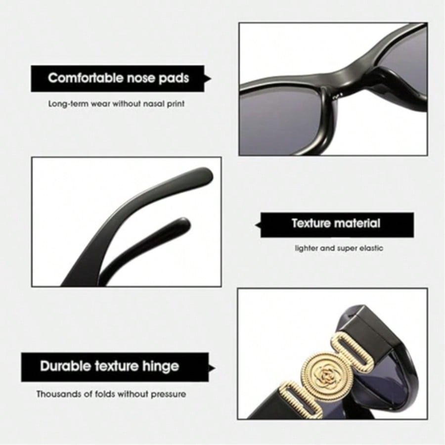 1 Pair Cool Shiny Gold Decor Black Frame Sunglasses for Women, Trendy Fashion Eyewear Accessories, Ideal for Street Photography, Photo Trips and Seaside Vacation Outfits