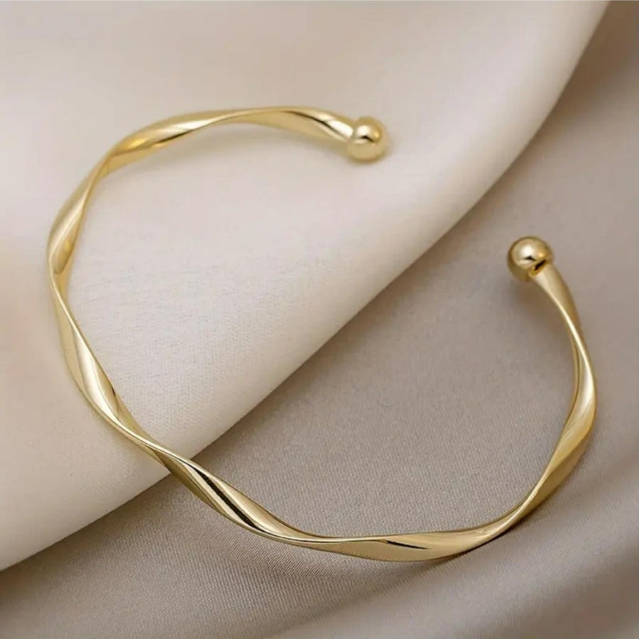 Gold-Plated Open Cuff Bangle with Interwoven Wave Pattern, Durable Stylish Women’s Bracelet, Premium Elegant Jewelry Gift for Girlfriend, Wife, Anniversary, Wedding and Family Occasions