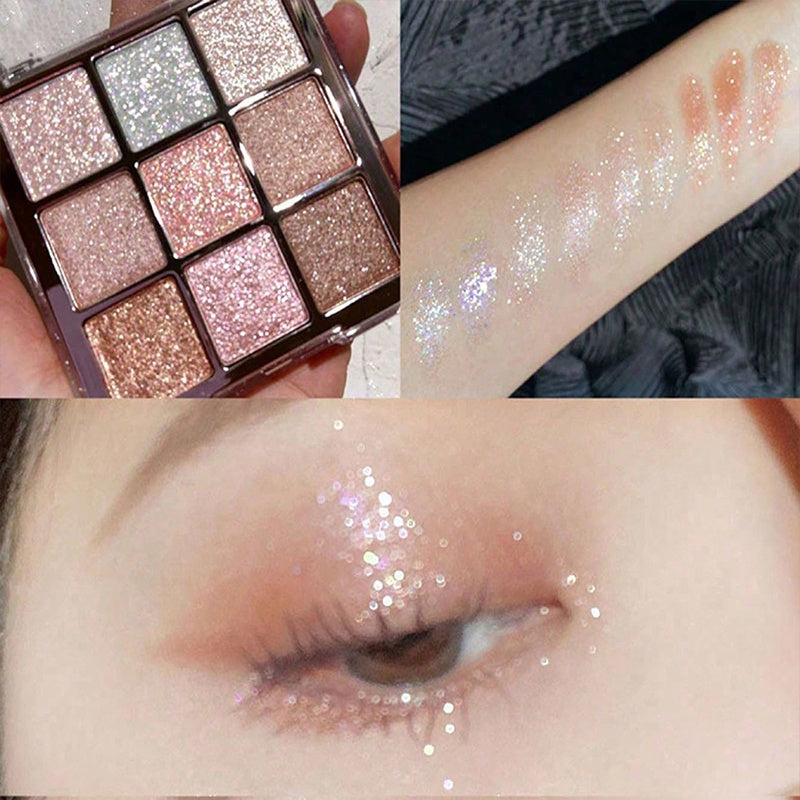 9-Color Shimmery Glitter Eyeshadow Palette, Smooth Highly Blendable Pigmented Eye Powder, All Day Long Lasting Sparkly Eye Makeup, Multi Tone Cosmetic for Daily Dating Wedding & Party Festival Glam Looks
