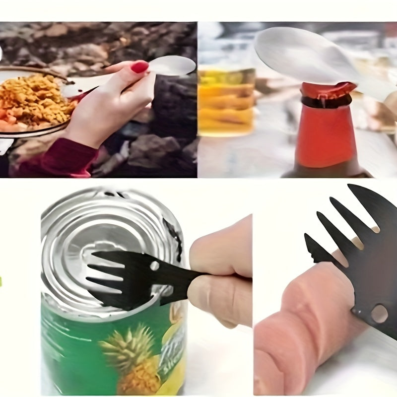 1Pc Stainless Steel Multi-Function Outdoor Utensil, Integrated Fork, Spoon, Wrench and Bottle Opener, Sturdy Practical Gear for Hiking and Wilderness Travel