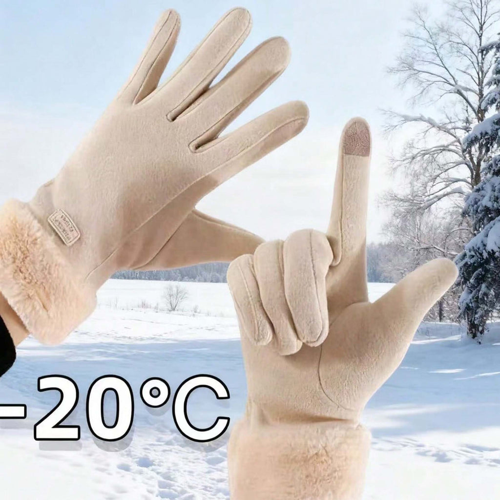 1 Pair Women’s Beige Touchscreen Windproof Thermal Gloves – Fur-Cuffed Warm-Lined Design Perfect for Commuting, Hiking & Running Adventures