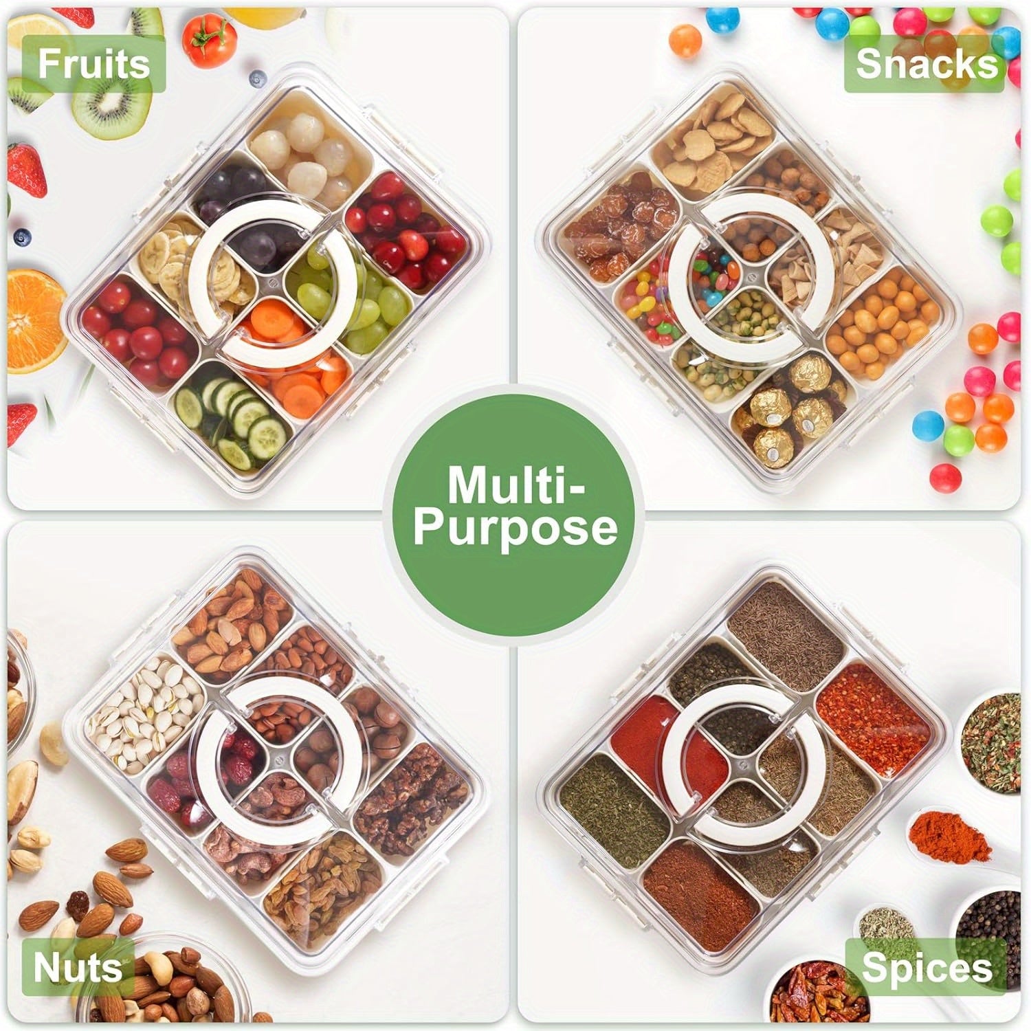 8-Compartment Transparent Food Storage Container, Airtight Sealable Fridge Organizer Lunch Box, Multipurpose Storage Bin for Kitchen Countertop and Pantry Organization