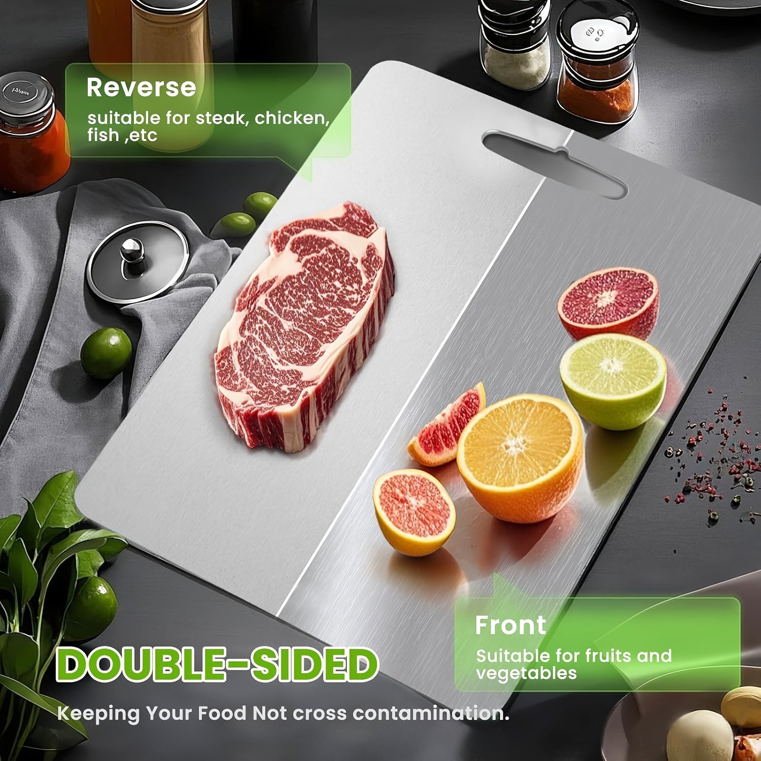Heavy-Duty Double-Sided Food-Grade Stainless Steel Cutting Board – Non-Slip Base, Dishwasher Safe, Durable Sanitary Option for Slicing Meat, Vegetables & Cheese, Ideal for Home Kitchens, Restaurants & Chefs