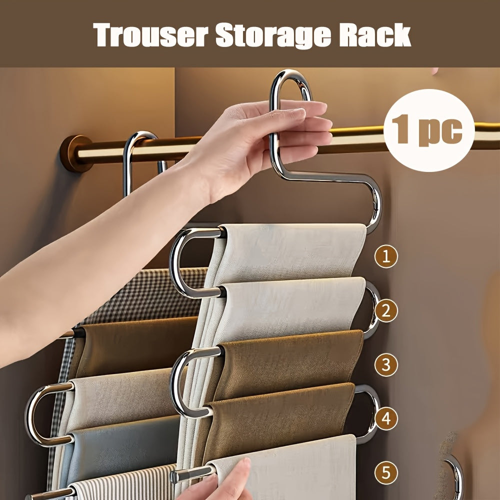 Durable Stainless Steel S-Shaped Pants Organizer – 5-Tier Non-Slip Scratch-Free Rack, Great for Jeans & Long Pants to Create an Organized Closet