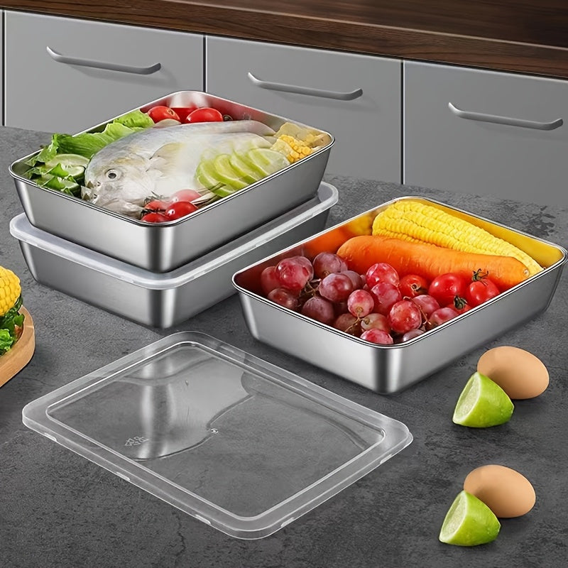 6pcs 7.09in*5.12in Food-Grade Stainless Steel Plates with Lids - Stackable Reusable Dumpling Trays & Baking Pans, Great for Storing Wontons, Fruits, Veggies & Picnic Meal Prep