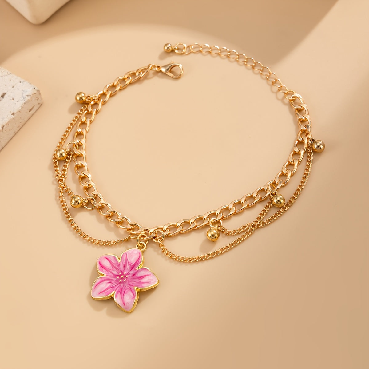 Women Minimalist Cherry Blossom Double Layer Ankle Bracelet, Adjustable Extension Chain Sweet Anklet Jewelry, Stylish Accessory for Daily Wear, Dating and Coastal Holiday Outfit Matching
