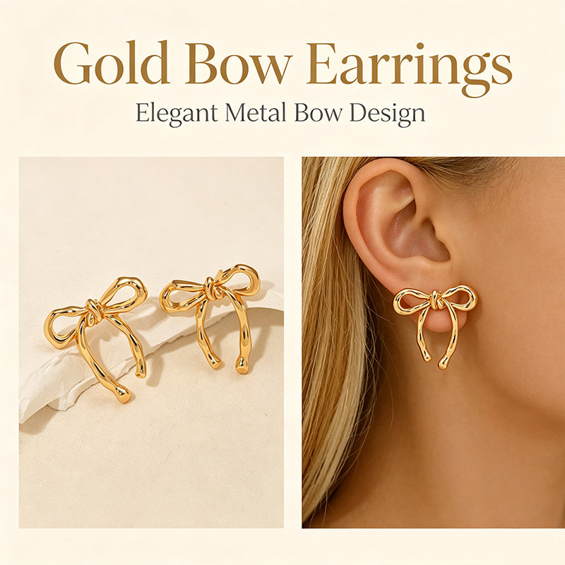 1 Pair Elegant Gold Bow Stud Hoop Earrings, Smooth Curved Interlocking Bow Design with Secure Ear Backs, Lightweight Hypoallergenic Women Jewelry, Versatile for Daily Wear & Party All Seasons