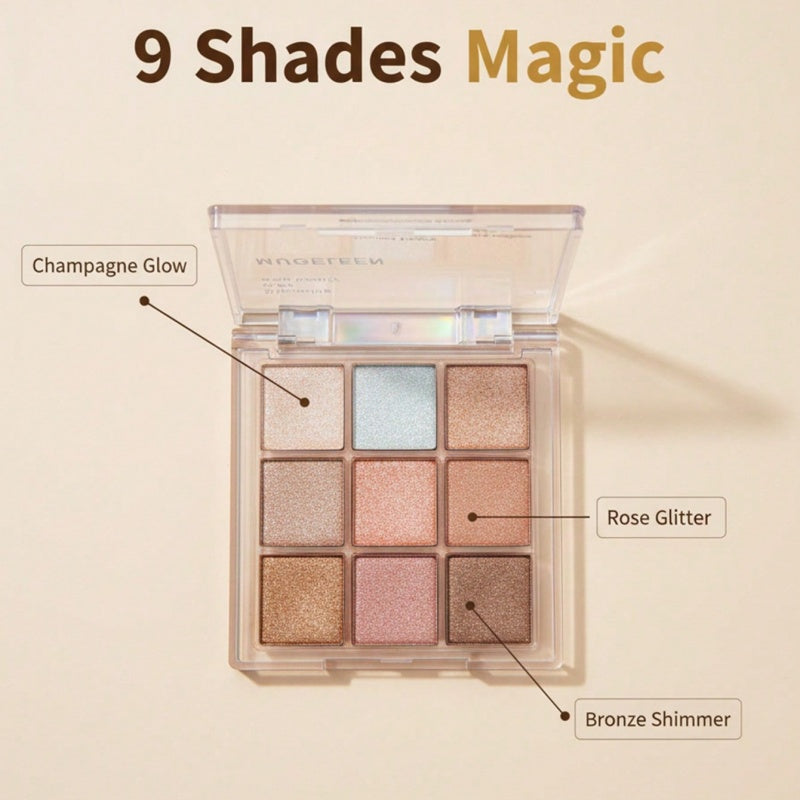 9-Color Shimmery Glitter Eyeshadow Palette, Smooth Highly Blendable Pigmented Eye Powder, All Day Long Lasting Sparkly Eye Makeup, Multi Tone Cosmetic for Daily Dating Wedding & Party Festival Glam Looks