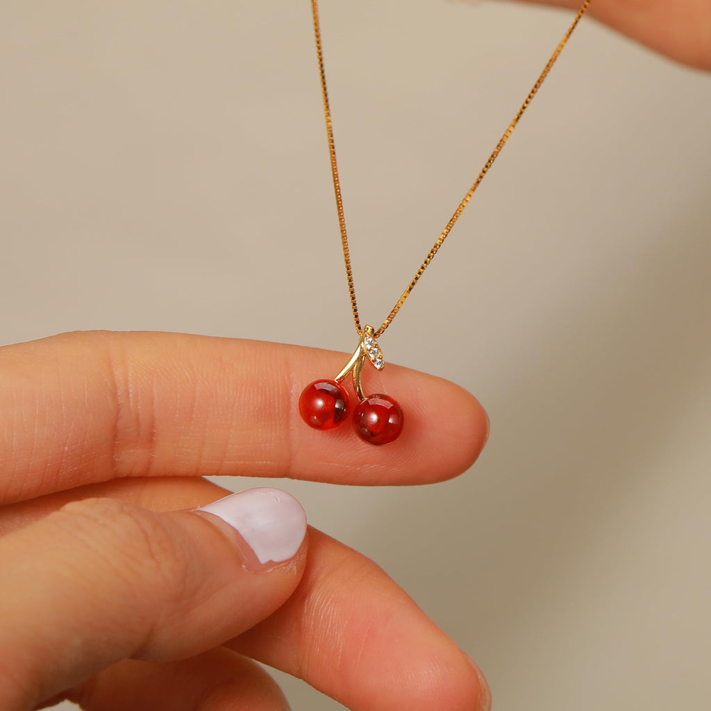 Gold Plated Double Cherry Pendant Necklace, Delicate Red Cherry & Leaf Design, Adjustable Comfort Lightweight Chain, Durable Elegant Fashion Jewelry Suitable for Daily Outfits and Presents