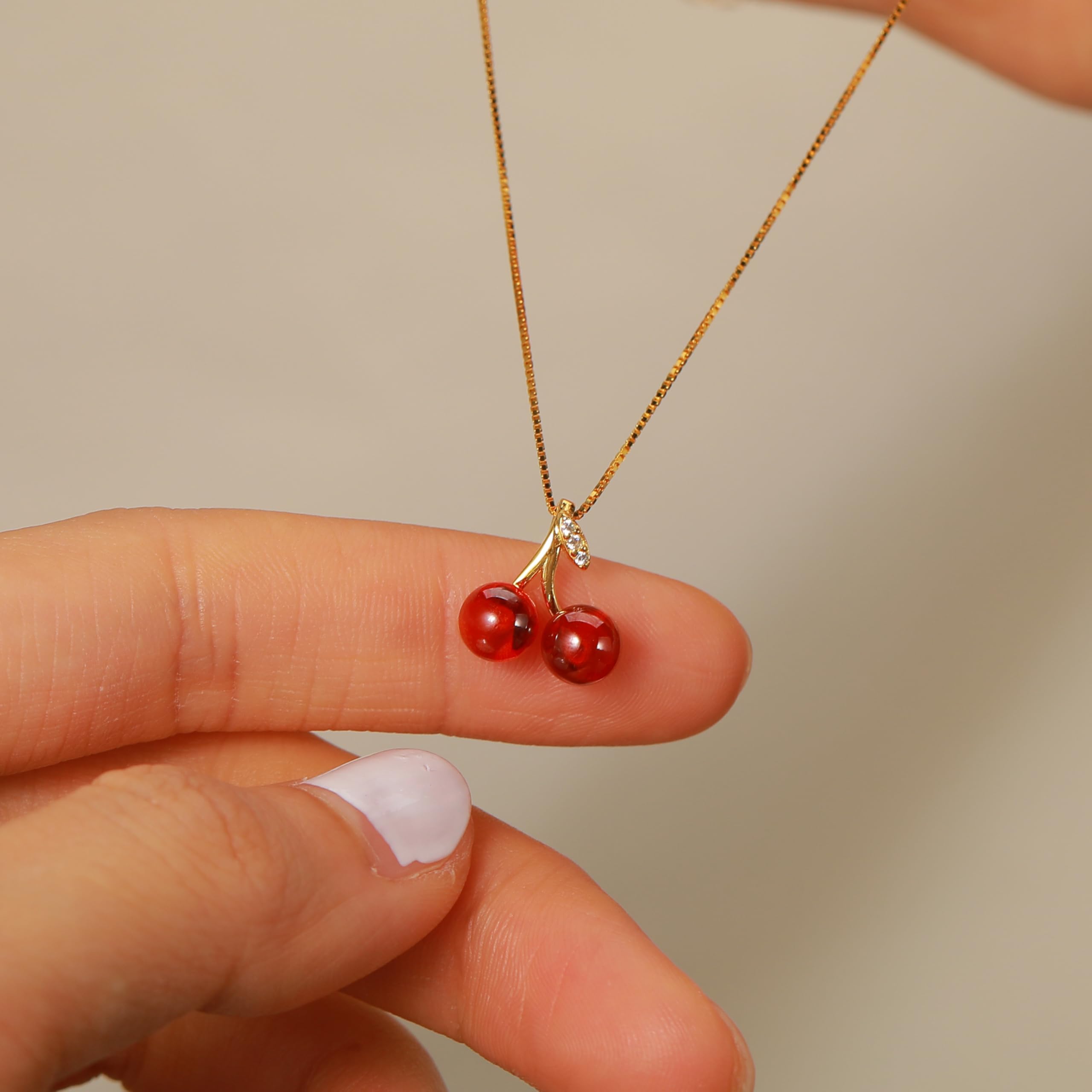Gold Plated Double Cherry Pendant Necklace, Delicate Red Cherry & Leaf Design, Adjustable Comfort Lightweight Chain, Durable Elegant Fashion Jewelry Suitable for Daily Outfits and Presents