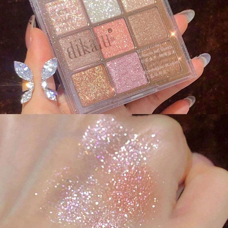 9-Color Shimmery Glitter Eyeshadow Palette, Smooth Highly Blendable Pigmented Eye Powder, All Day Long Lasting Sparkly Eye Makeup, Multi Tone Cosmetic for Daily Dating Wedding & Party Festival Glam Looks
