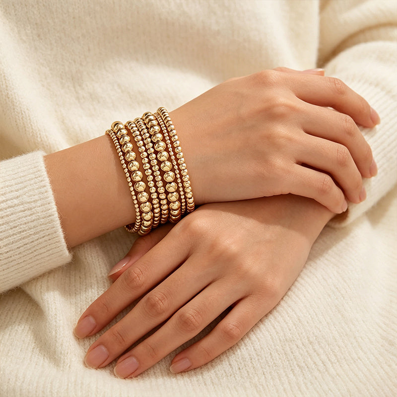 7Pcs Stackable Gold Bead Bracelets Bohemian Beach Multifunctional Beaded Jewelry for Women Daily Vacation Party