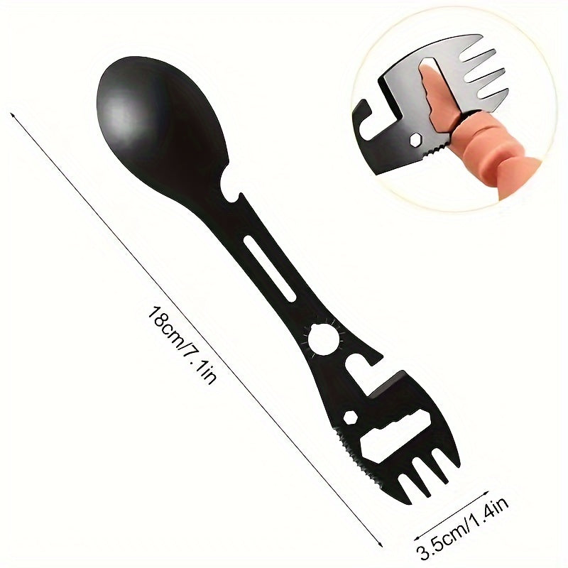 1Pc Stainless Steel Multi-Function Outdoor Utensil, Integrated Fork, Spoon, Wrench and Bottle Opener, Sturdy Practical Gear for Hiking and Wilderness Travel