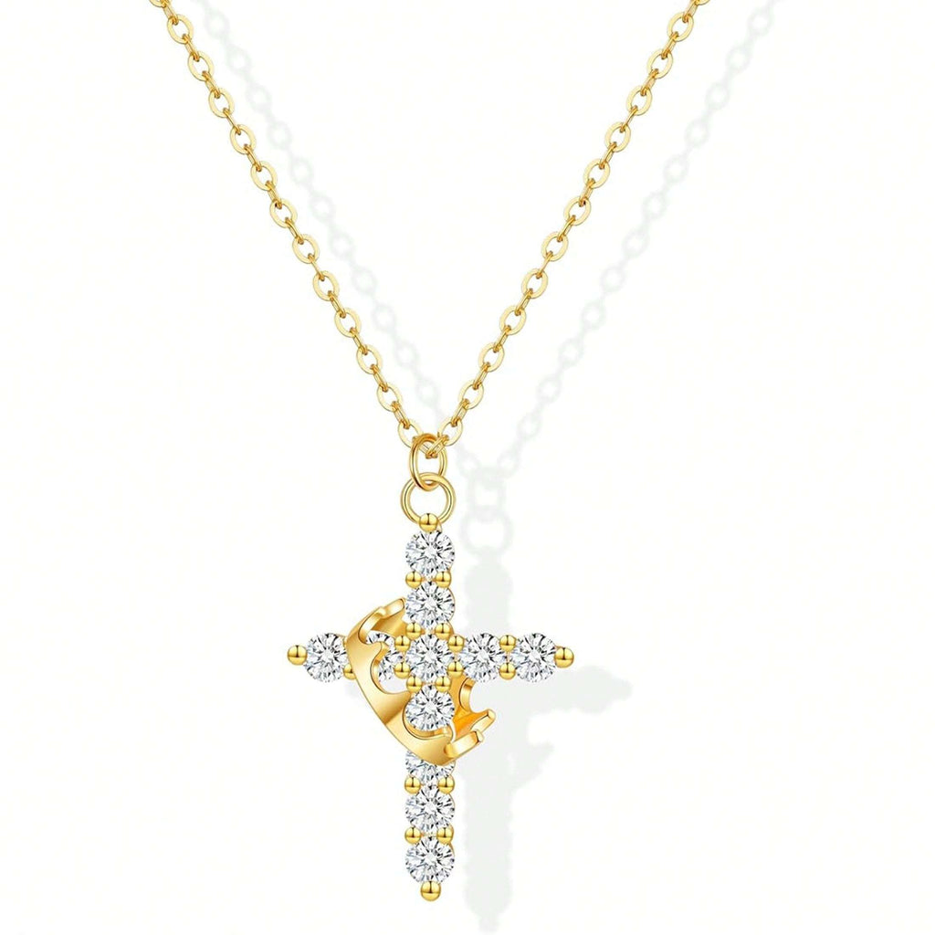 1 PC Copper Cross Pendant Necklace – Spinable Circular Element with Elegant Crown Design, Classic Faith-Based Accessory Ideal for Devout Wearers & Daily Styling