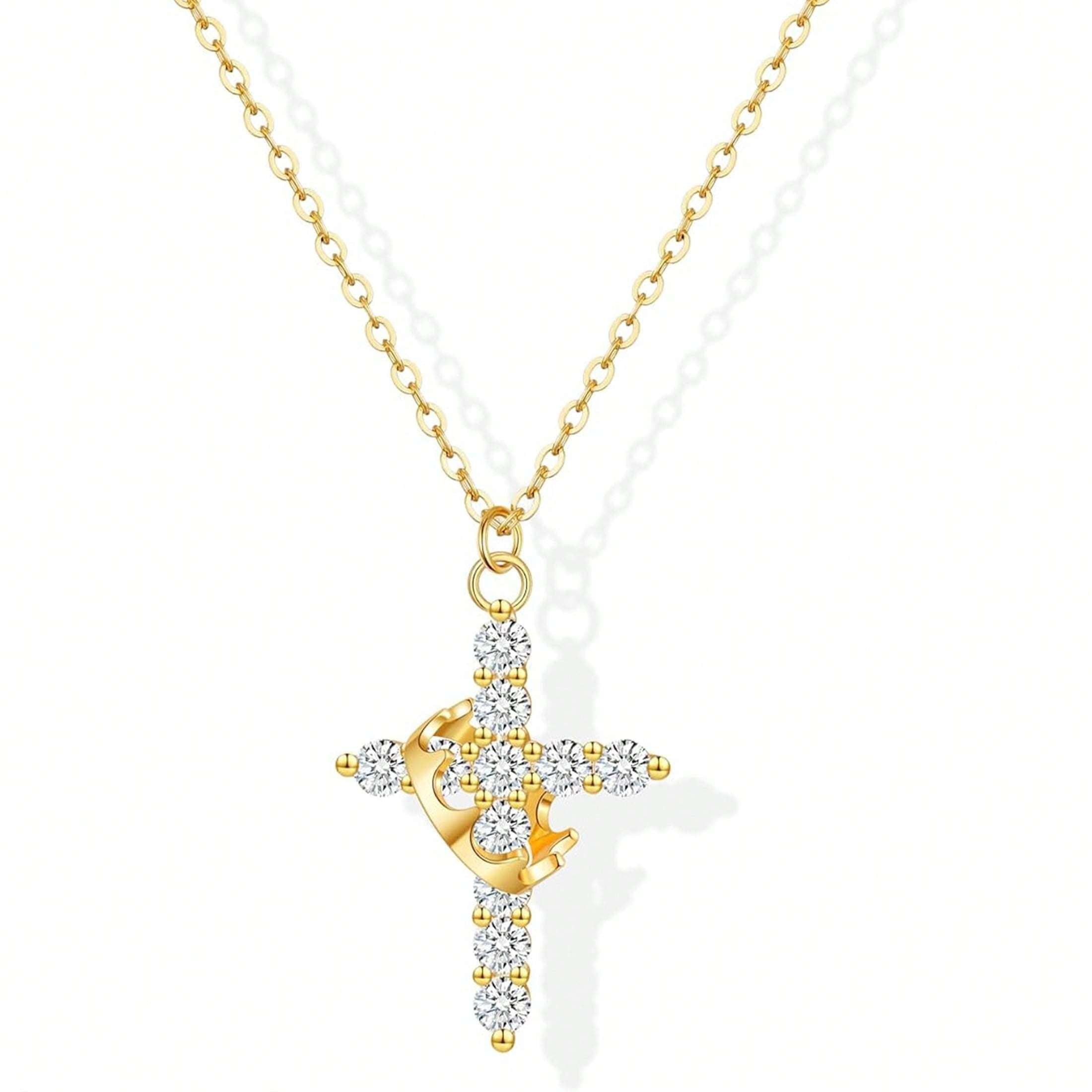 1 PC Copper Cross Pendant Necklace – Spinable Circular Element with Elegant Crown Design, Classic Faith-Based Accessory Ideal for Devout Wearers & Daily Styling